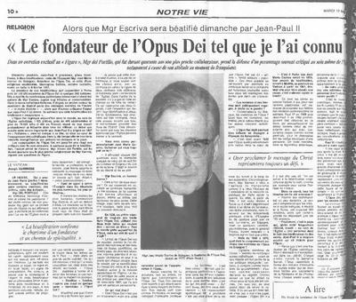 Le fondateur de l’Opus Dei tel que je l’ai connu. [Entrevista realizada por Joseph Vandrisse]. [Newspaper Article]