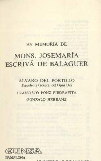 En memoria de Mons. Josemaría Escrivá de Balaguer. [Libro]