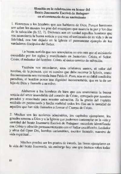 Homilía en la celebración en honor del Beato Josemaría Escrivá en el centenario de su nacimiento. [Journal Article]