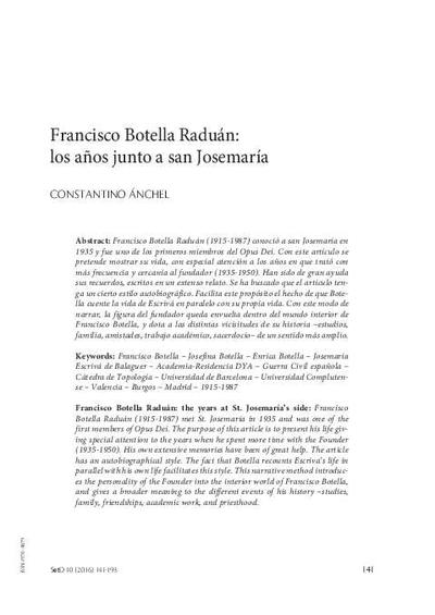 Francisco Botella Raduán: los años junto a san Josemaría. [Journal Article]