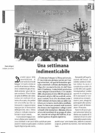 Una settimana indimenticabile: canonizzazione Josemaría Escrivá. Roma, 6 ottobre 2002. [Journal Article]