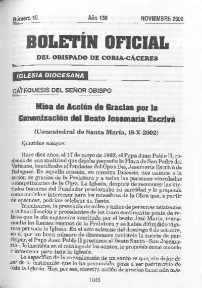 Misa de acción de gracias por la canonización del beato Josemaría Escrivá (Concatedral de Santa María, 18-X-2002). [Artículo de revista]