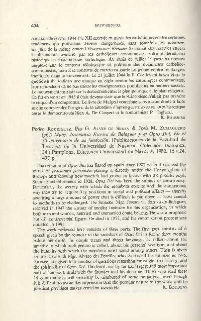 [Recensi&oacute;n sobre: Mons. Josemar&iacute;a Escriv&aacute; de Balaguer y el Opus Dei: en el 50 aniversario de su fundaci&oacute;n]. [Art&iacute;culo de revista]