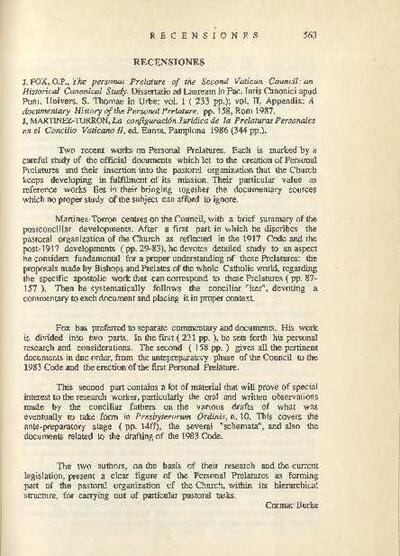 [Recensi&oacute;n sobre: The personal Prelature of the Second Vatican Council: an Historical Canonical Study y La configuraci&oacute;n jur&iacute;dica de las Prelaturas Personales en el Concilio Vaticano II]. [Art&iacute;culo de revista]