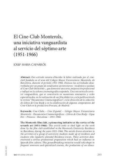 El Cine-Club Monterols, una iniciativa vanguardista al servicio del séptimo arte (1951-1966). [Artículo de revista]