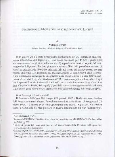 Un maestro di libert&agrave; cristiana: san Josemar&iacute;a Escriv&aacute;. [Art&iacute;culo de revista]