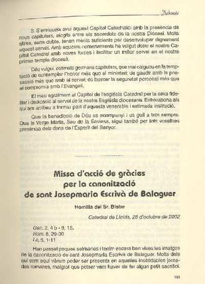 Missa d’acció de gràcies per la canonització de sant Josepmaria Escrivà de Balaguer. Homilia del Sr. Bisbe, Catedral de Lleida, 28 d’octubre de 2002. [Artículo de revista]