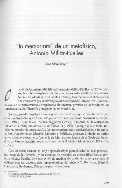 <i>In memoriam</i> de un metafísico, Antonio Millán-Puelles. [Artículo de revista]