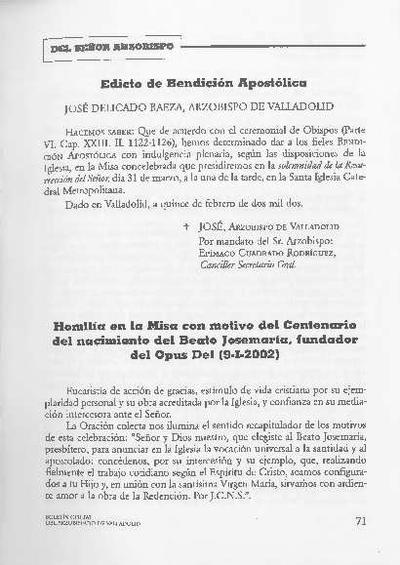 Homilía en la Misa con motivo del Centenario del nacimiento del Beato Josemaría, fundador del Opus Dei (9-I-2002). [Artículo de revista]