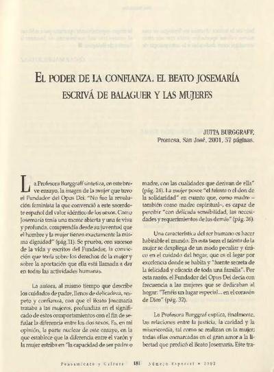 [Recensión sobre: El poder de la confianza. El beato Josemaría Escrivá de Balaguer y las mujeres]. [Journal Article]