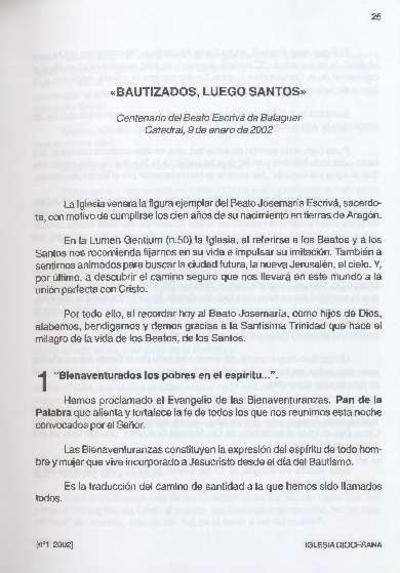 Bautizados, luego santos: Centenario del Beato Escrivá de Balaguer. Catedral, 9 de enero de 2002. [Journal Article]