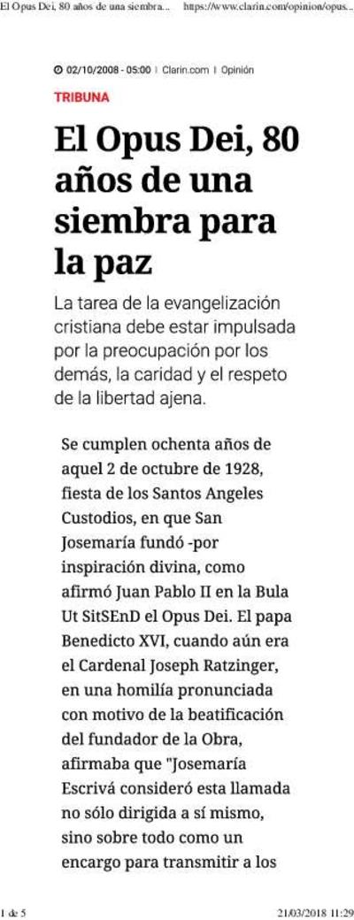 El Opus Dei, 80 años de una siembra para la paz. [Newspaper Article]