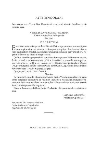 Decreto di nomina di Vicario Ausiliare, 9 diciembre 2014. [Artículo de revista]