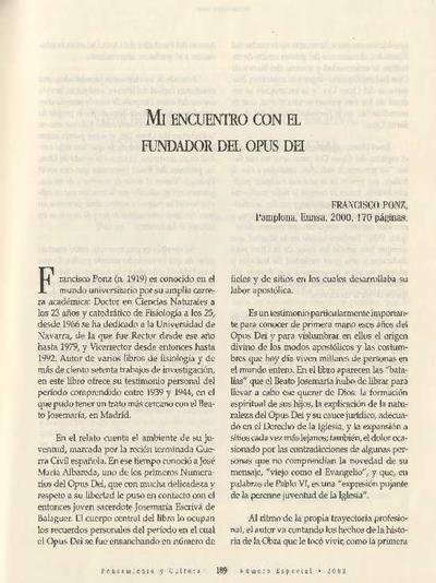 [Recensión sobre: Mi encuentro con el Fundador del Opus Dei. Madrid, 1939-1944]. [Journal Article]