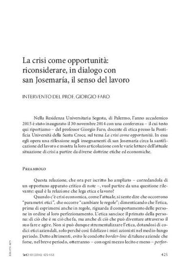 La crisi come opportunità: riconsiderare, in dialogo con san Josemaría, il senso del lavoro. [Journal Article]