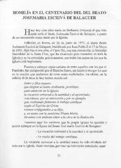 Homilía en el centenario del nacimiento del Beato Josemaría Escrivá de Balaguer. [Artículo de revista]