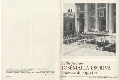 Bulletin d'information: Le Bienheureux Josémaria Escrivá, Fondateur de l'Opus Dei. Nº 11. [Brochure]