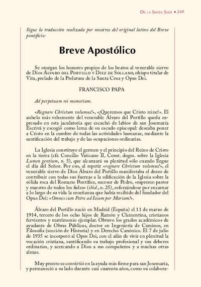 Breve Apostólico [en la beatificación de Álvaro del Portillo y Diez de Sollano]. [Artículo de revista]