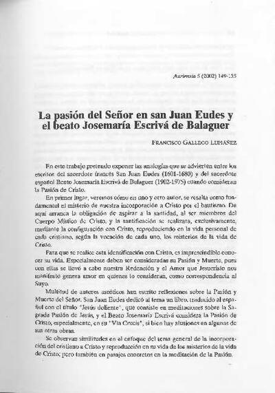 La pasión del Señor en San Juan Eudes y el Beato Josemaría Escrivá de Balaguer. [Journal Article]