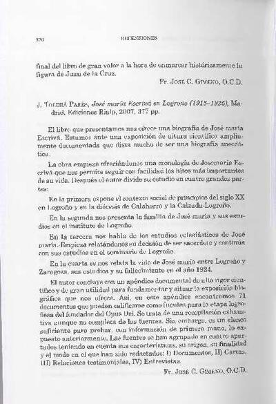 [Recensi&oacute;n sobre: Josemar&iacute;a Escriv&aacute; en Logro&ntilde;o (1915-1925)]. [Art&iacute;culo de revista]