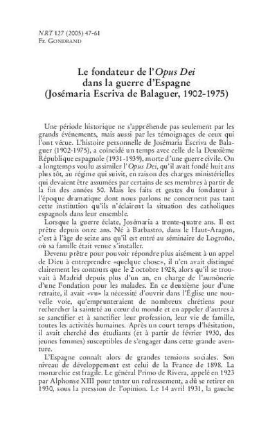 Le fondateur de l’Opus Dei dans la guerre d’Espagne (Josémaria Escrivá de Balaguer, 1902-1975). [Artículo de revista]