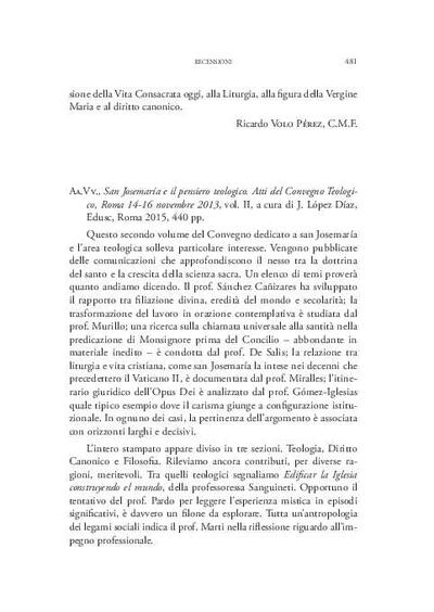 [Recensi&oacute;n sobre: San Josemar&iacute;a e il pensiero teologico. Atti del Convegno Teologico (vol. II)]. [Art&iacute;culo de revista]