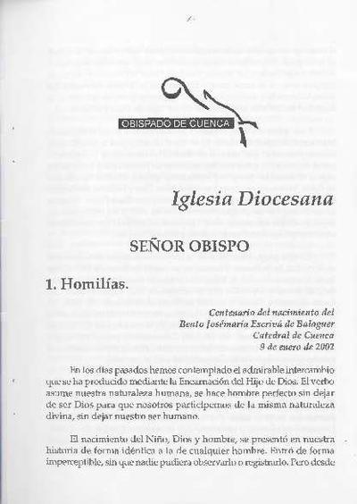 Homilías. Centenario del nacimiento del Beato Josemaría Escrivá de Balaguer. Catedral de Cuenca, 9 de enero de 2002. [Artículo de revista]