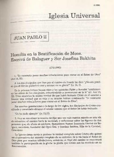 Homilía en la Beatificación de Mons. Escrivá de Balaguer y Sor Josefina Bakhita (17-5-1992). [Artículo de revista]