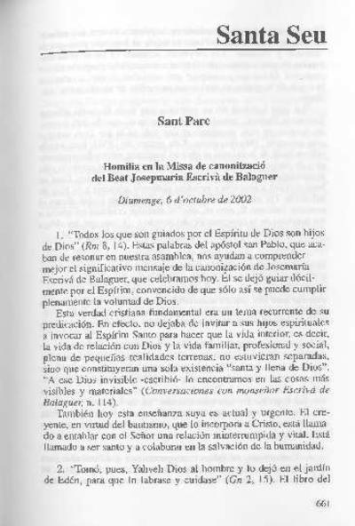 Homilía en la Misa de canonització del Beat Josepmaría Escrivá de Balaguer. (Diumenge, 6 de octubre de 2002). [Journal Article]
