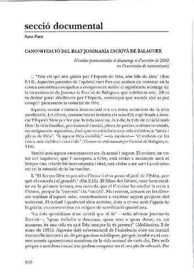 Canonització del beat Josemaria Escrivá de Balaguer: Homilia pronunciada el diumenge 6 d’octubre de 2002 en l’eucaristia de canonització. [Journal Article]