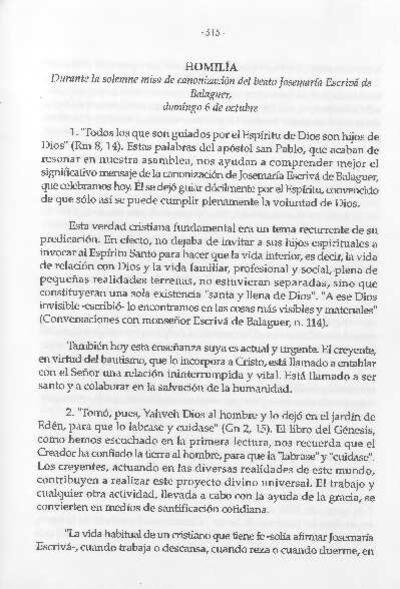 Homilías. Durante la solemne misa de canonización del beato Josemaría Escrivá de Balaguer. Domingo, 6 de octubre de 2002. [Artículo de revista]