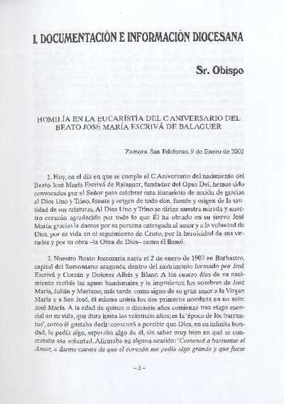 Homilía en la Eucaristía del C Aniversario del beato José María Escrivá de Balaguer (Zamora, San Ildefonso, 9 de enero de 2002). [Journal Article]