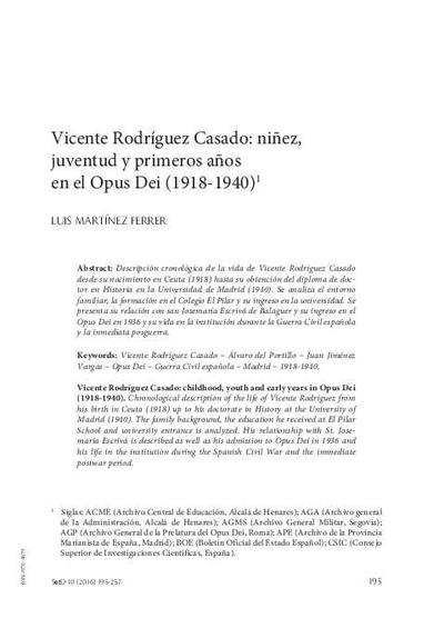 Vicente Rodríguez Casado: niñez, juventud y primeros años en el Opus Dei (1918-1940). [Artículo de revista]
