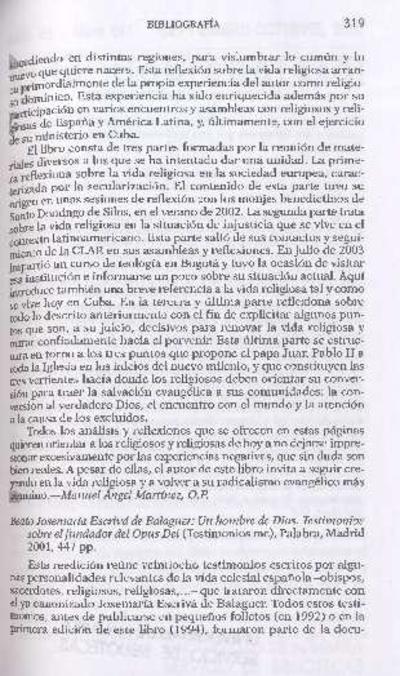 [Recensión sobre: Beato Josemaría Escrivá de Balaguer: un hombre de Dios: testimonios sobre el fundador del Opus Dei]. [Artículo de revista]