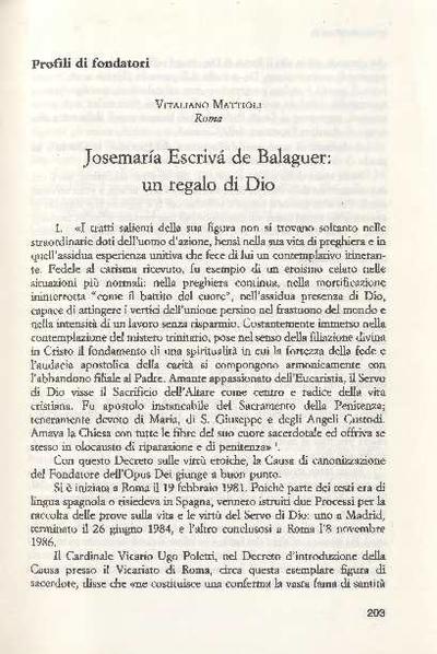 Josemaría Escrivá de Balaguer: un regalo di Dio. [Artículo de revista]