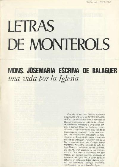 Letras de Monterols. Mons. Josemaría Escrivá de Balaguer, una vida por la Iglesia. [Folleto]