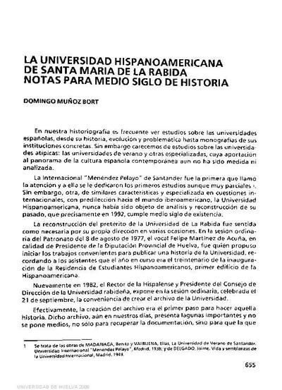 La Universidad Hispanoamericana de Santa María de la Rábida. Notas para medio siglo de Historia. [Parte de un libro]