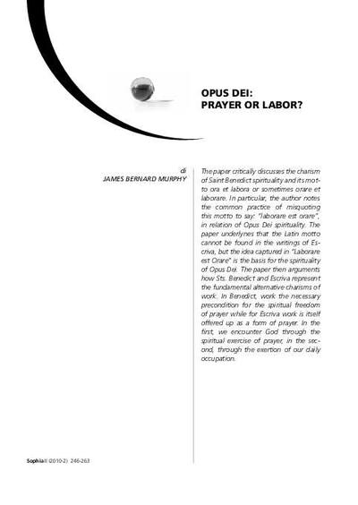 Opus Dei: Prayer or Labor? [Journal Article]