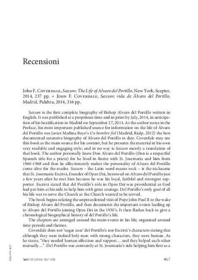 [Recensión sobre: Saxum: The Life of Alvaro del Portillo]. [Journal Article]