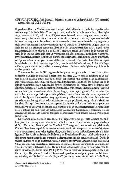 [Recensión sobre: Iglesia y cultura en la España del siglo XX]. [Journal Article]