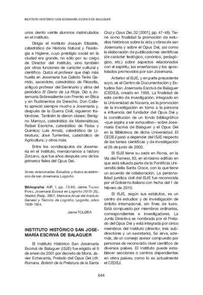 Voz: «Instituto Histórico San Josemaría Escrivá de Balaguer». [Reference Work]