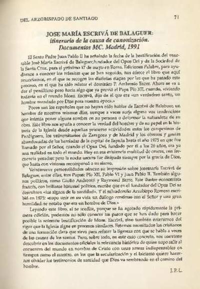 [Recensión sobre: Josemaría Escrivá de Balaguer: itinerario de la causa de canonización]. [Journal Article]