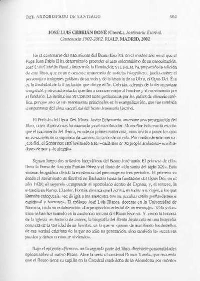 [Recensión sobre: Josemaría Escrivá. Centenario 1902-2002]. [Journal Article]