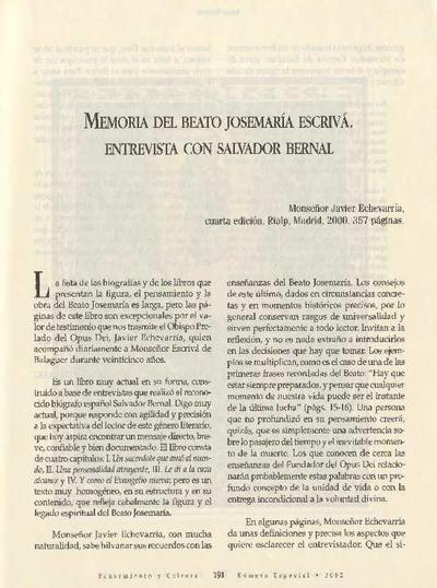 [Recensión sobre: Memoria del Beato Josemaría Escrivá: entrevista con Salvador Bernal]. [Artículo de revista]