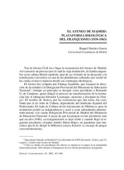 El Ateneo de Madrid: plataforma ideológica del franquismo (1939-1963). [Artículo de revista]