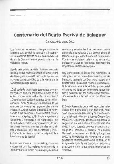 Centenario del Beato Escrivá de Balaguer (Catedral, 9-1-2002). [Artículo de revista]