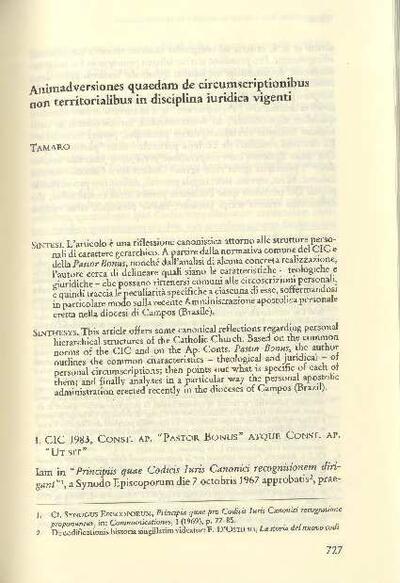 Animadversiones quaedam de circumscriptionibus non territorialibus in disciplina iuridica vigenti. [Journal Article]