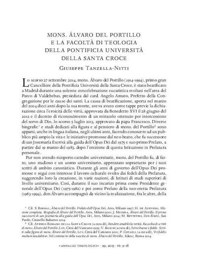 Mons. Álvaro del Portillo e la Facoltà di Teologia della Pontificia Università della Santa Croce. [Artículo de revista]
