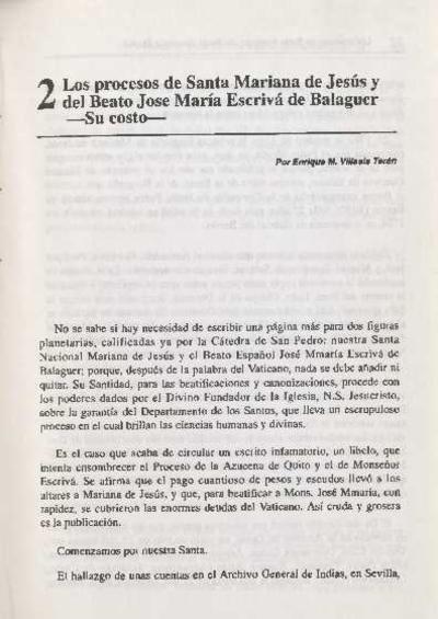 Los procesos de Santa Mariana de Jesús y del Beato José María Escrivá de Balaguer, su costo. [Journal Article]