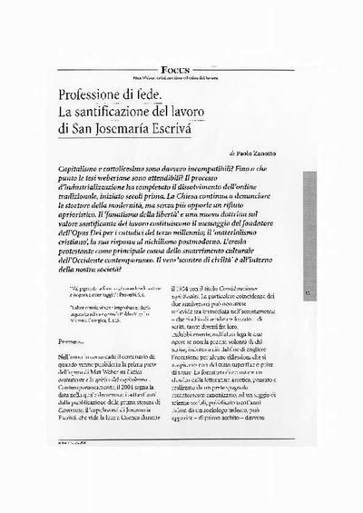 Professione di fede. La santificazione del lavoro di San Josemaría Escrivá. [Journal Article]